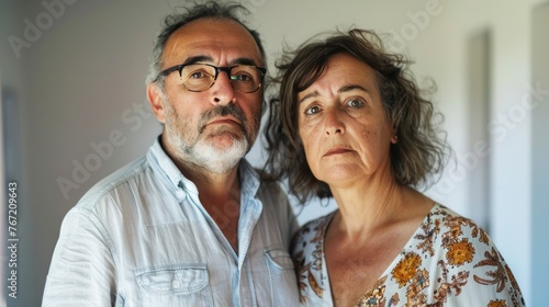 An older couple with gray hair wearing glasses posing closely together with a concerned or thoughtful expression.