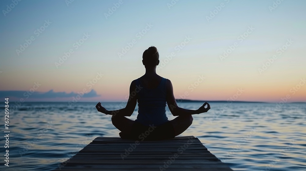 A woman sits in a lotus position on the ocean and meditates.