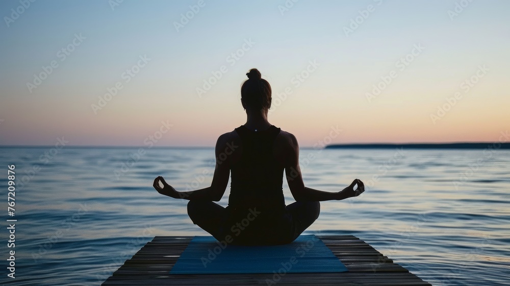 A woman sits in a lotus position on the ocean and meditates.