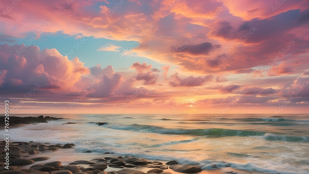Gorgeous clouds in tones of gold, pink, blue, and green drift over the ocean at dusk.