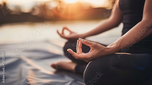 A woman sits in a lotus position on the ocean and meditates.