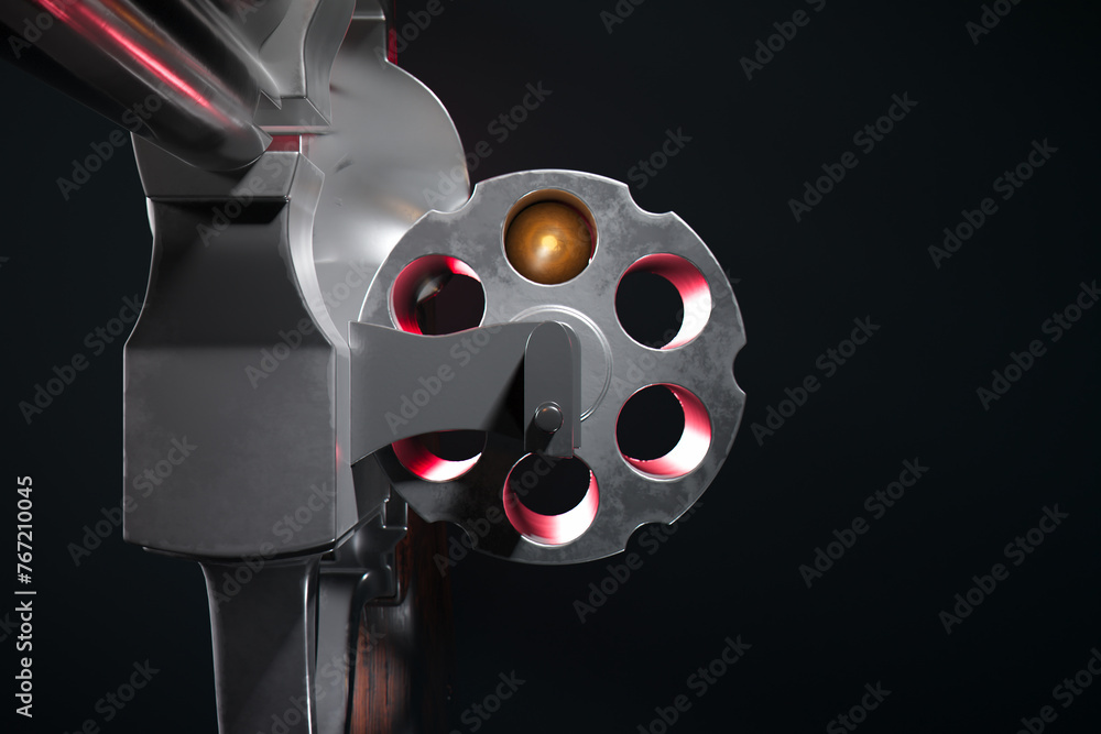 Detailed View of a Loaded Revolver Cylinder Highlighting a Lone Bullet