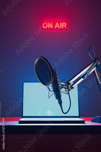 Professional Podcast Recording Studio Setup with Illuminated On Air Neon Sign