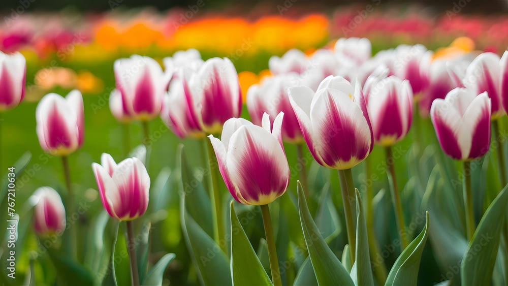 Fototapeta premium Spring blurred background with ultra violet white tulips, vibrant