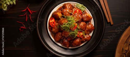 A plate of delicious beef ball dish, served with chopsticks on a wooden table. The Asian cuisine recipe includes fresh produce and meat cooked over gas