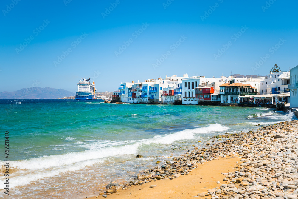 White architecture of Mykonos town and view of Little Venice bay in Mykonos island, Greece.