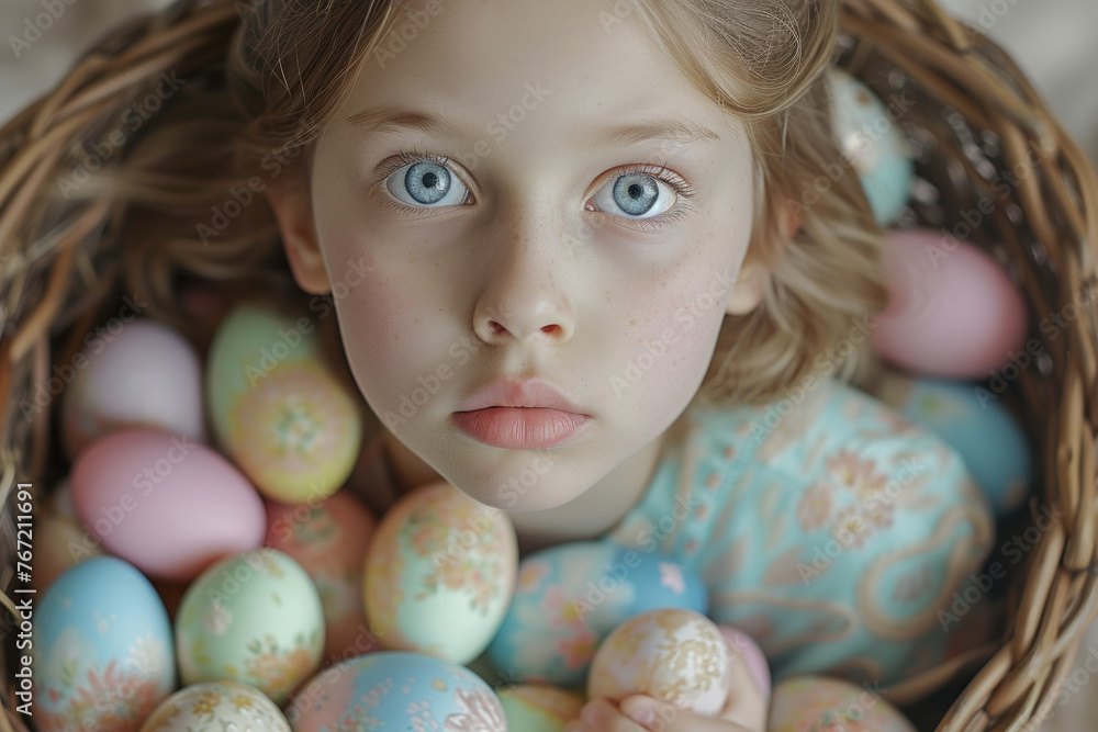 Young girl sitting in wicker basket surrounded by colorful Easter eggs, cheerful holiday concept Young girl sitting in wicker basket surrounded by colorful Easter eggs, cheerful holiday concept