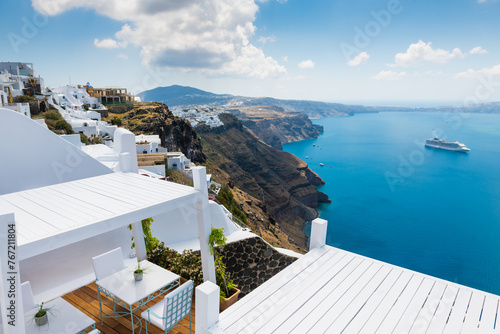 White architecture in Santorini island, Greece. Beautiful sea view in sunny day.