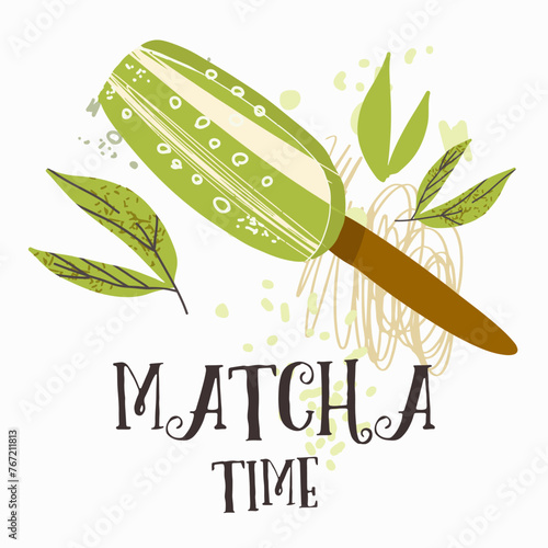 Matcha ice cream, card, invitation. Various matcha tea products. Japanese tea culture. Hand drawn vector illustration.