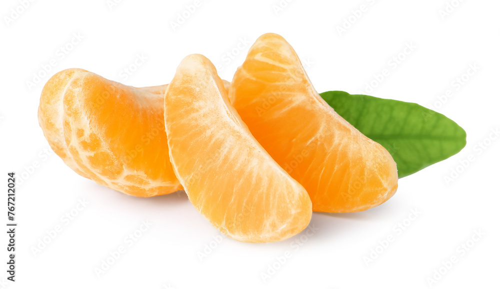 Pieces of fresh ripe tangerine and green leaf isolated on white Pieces of fresh ripe tangerine and green leaf isolated on white