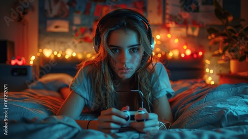 Girl Laying in Bed With Headphones and Using Phone