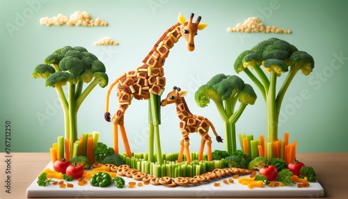 Vegetable and fruit arrangement resembling a giraffe in a savanna scene