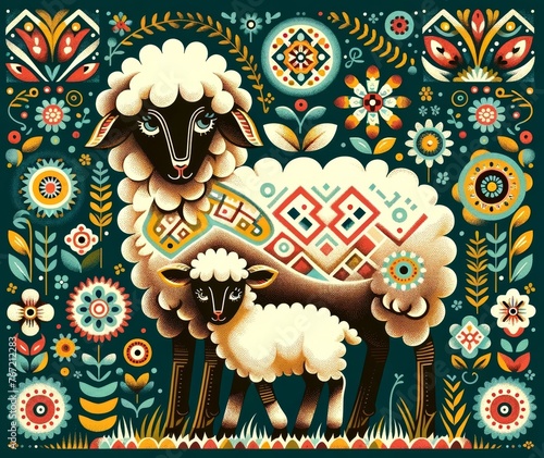 Stylized Sheep and Lamb in a Vibrant Floral and Geometric Setting