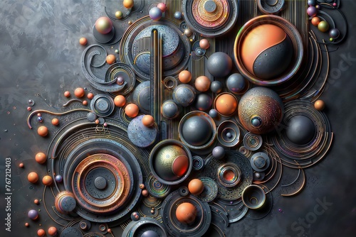 Surreal, intricate 3D illustration with a mix of mechanical and organic elements. Metallic gears, spheres, and swirls are combined with glossy, textured orbs in shades of orange, gray, and blue-gray.