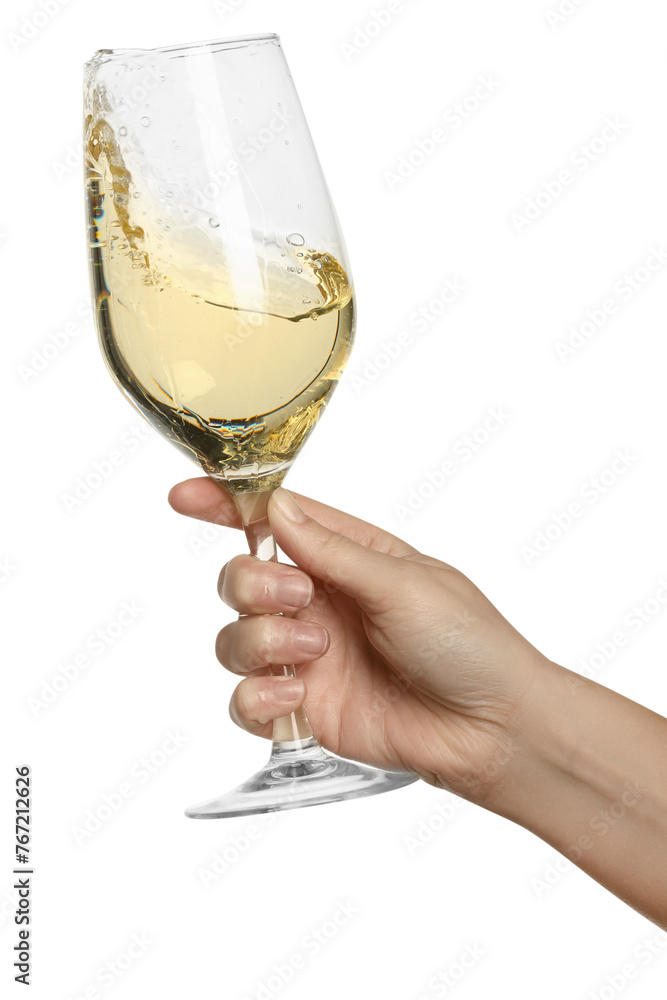 Woman with tasty aromatic wine splashing out of glass on white background, closeup