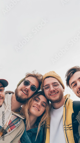 A group of friends. In the photo on a white background, be sure to leave space for text. The photo will symbolize friendship
