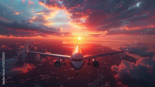 A flying passenger plane on the background of a dramatic sunset.