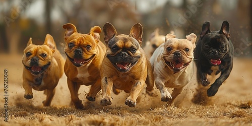 A group of happy puppies are running on the grass in the park. photo