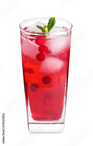 Tasty cranberry juice with ice cubes and mint in glass isolated on white