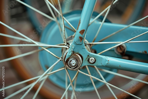 Close-up bicycle wheel from a unique angle, showcasing the spokes and patterns.