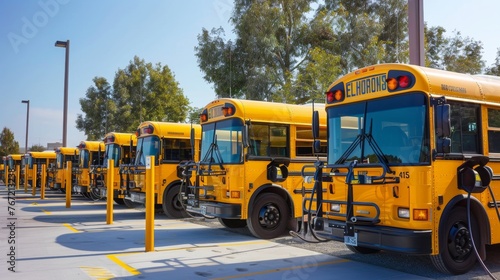 Bus charging station. School buses at the battery charging station. Eco transport.