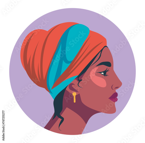  Vector bright avatar portrait of a black woman in a headscarf, feminism, Concept of the movement for gender equality and protection of women's rights
