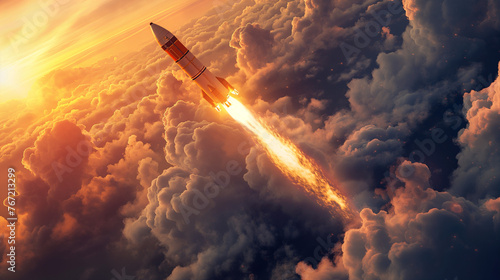 Rocket flying into space against the backdrop of a beautiful and bright sunset