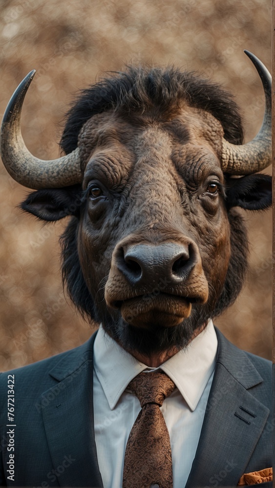 A businessman with a buffalo head, wearing dark glasses, a perfect suit. Bull and bear concept stock market A businessman with a buffalo head, wearing dark glasses, a perfect suit. Bull and bear concept stock market