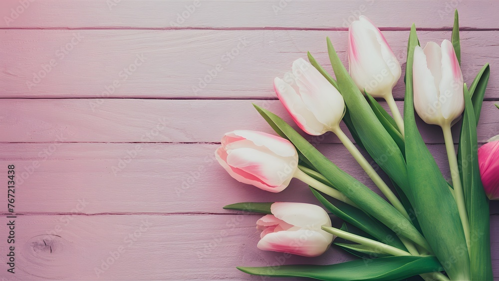 Fototapeta premium Springtime vibes with pink tulips on wooden background for Easter