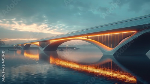A sleek, modern bridge architecture at twilight, with the structure illuminated by ambient, artificial lights