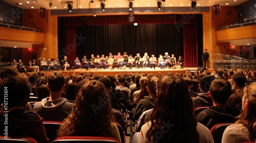 A school auditorium filled with the sound of music, as students rehearse for a performance that will enchant and inspire.