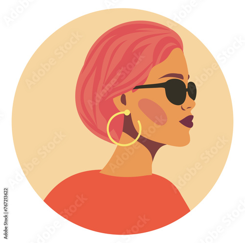 Vector bright avatar portrait of a woman girl with glasses pink hair, feminism, Concept of the movement for gender equality and protection of women's rights