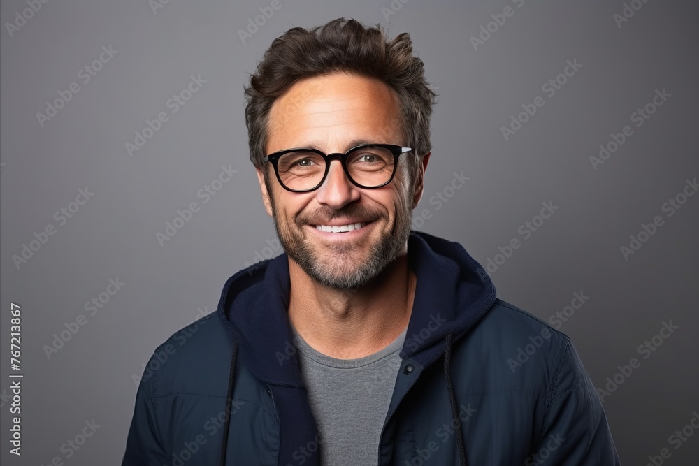 Portrait of a handsome man with glasses smiling at the camera. - obrazy, fototapety, plakaty 