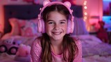 Young Girl Smiling in Pink Headphones