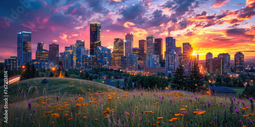 Vibrant Sunset Over the City of Calgary, Alberta, Canada showcasing the beautiful skyline and urban landscape at dusk photo