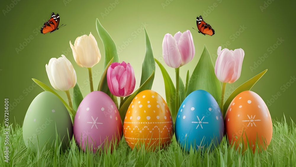 StockImage Easter background with colorful eggs, spring tulips, butterflies