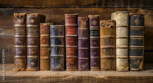 Old books on a shelf against rustic wood background in vintage library setting