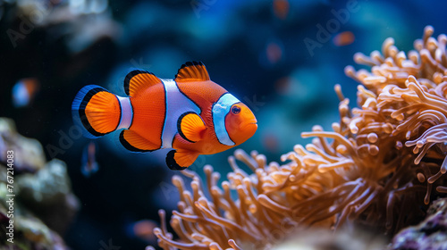 Bright clown fish swims among a variety of corals in the bright blue ocean