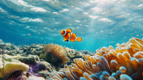 Bright clown fish swims among a variety of corals in the bright blue ocean