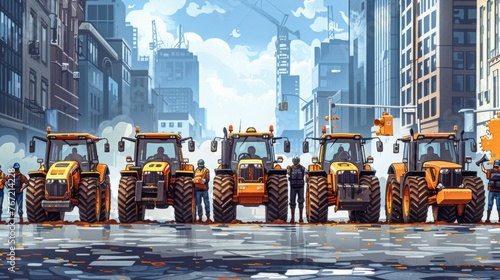 Row of Tractors Driving Down Snow-Covered Street