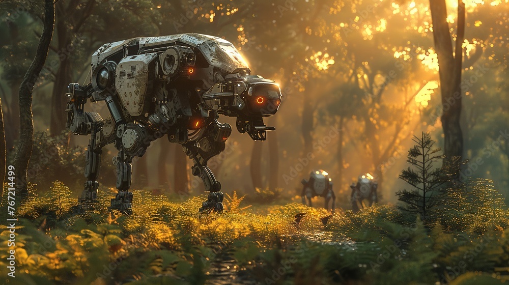 Robotic search dogs in forest terrain, accident scene, late afternoon, direct view, futuristic design. - obrazy, fototapety, plakaty 