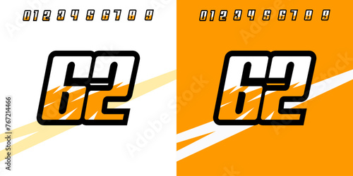 number 62 with racing effect, for race, racing, sport in orange color