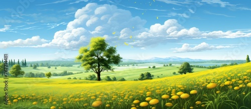 A tree stands tall in a field of vibrant yellow flowers, surrounded by a natural landscape of green grass and a clear blue sky