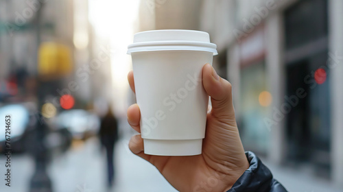 Isolated hand holding coffee cup mockup, on blurred city street background