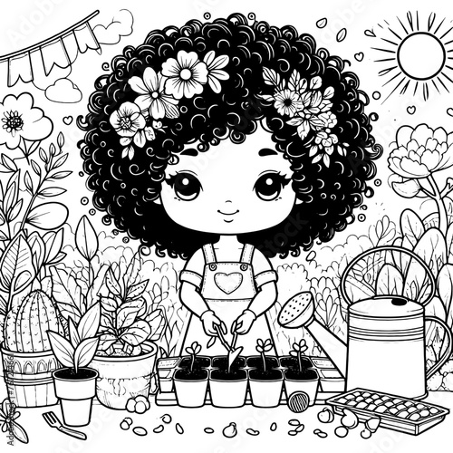 Old African American girl tenderly planting a tree. Vector, generative ai. Coloring book