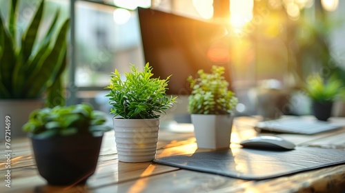 Wooden Table With Potted Plants and Computer