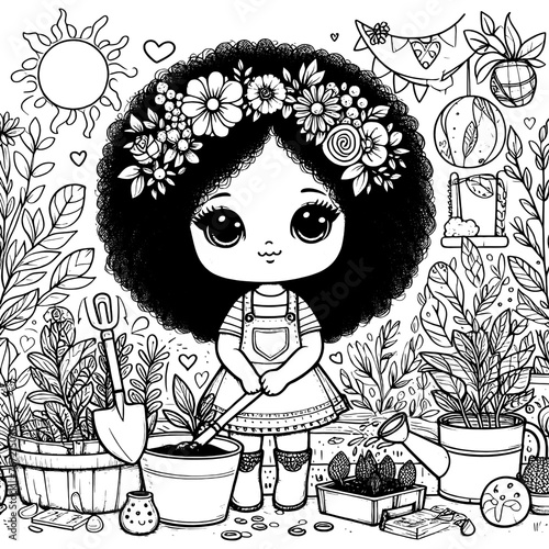 Old African American girl tenderly planting a tree. Vector, generative ai. Coloring book