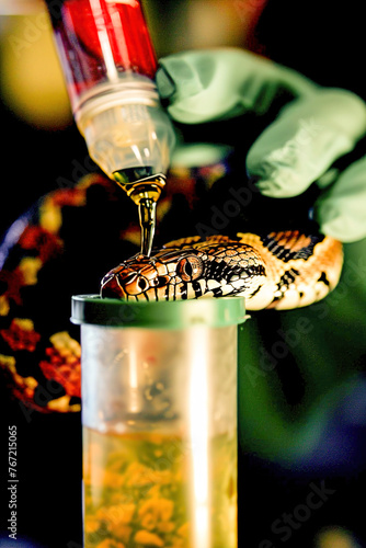 Extracting venom from snakes in laboratory, for medical research, antivenom production, for pharmaceutical purposes. photo