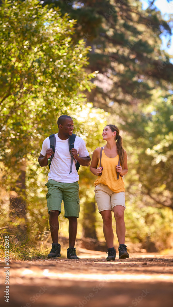 Young Active Couple Wearing Backpacks Hiking Along Trail Through Countryside