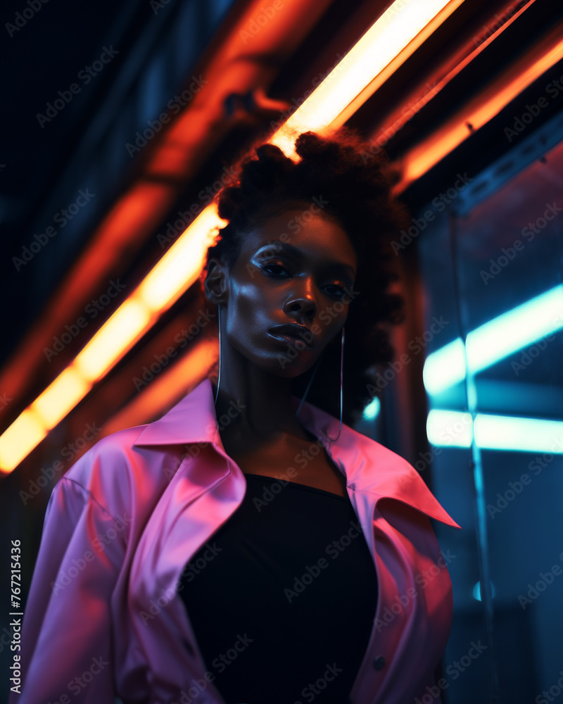 Obraz premium Beautiful Fashion Black Model with a satiny pink blouse over a black top into a night city street with many neons as a blurry background